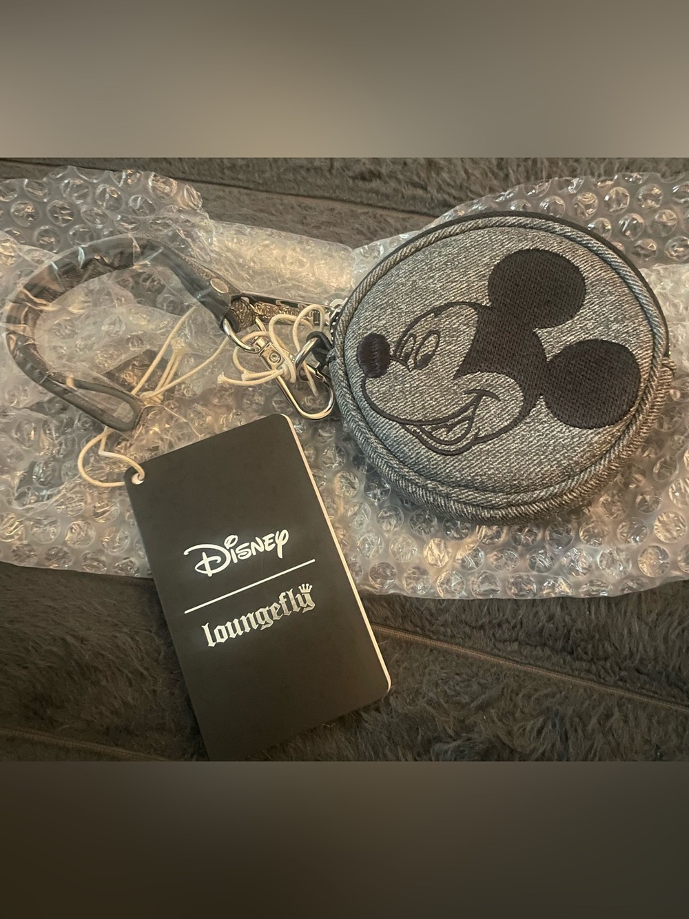 Loungefly Disney Mickey Mouse Gray Denim Coin Purse NWT Wallet Wrislet